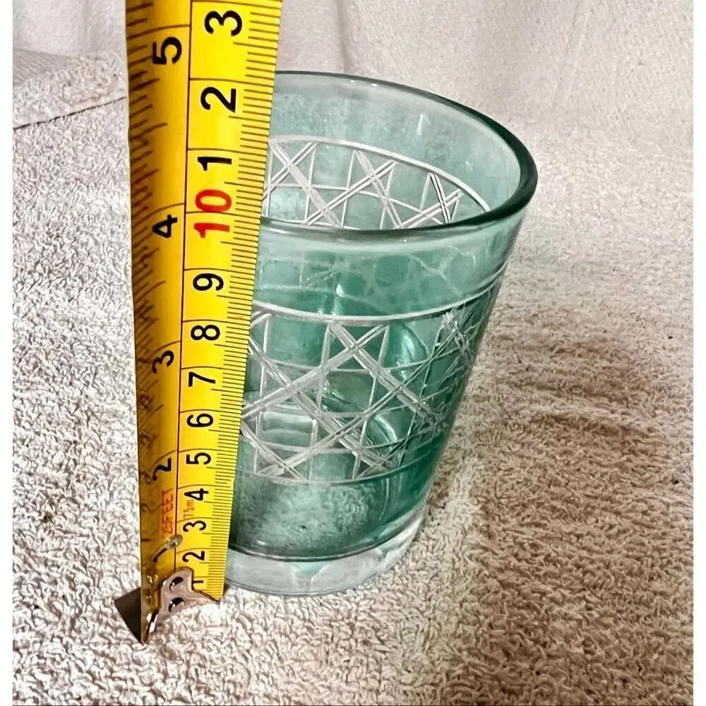 Anthropologie Bianca Jade Green Tumbler Drinking Glasses Etched Set of 4